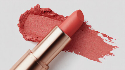 A creamy matte lipstick bullet sits beside a vibrant smear of lipstick. The colors blend beautifully, showcasing a fresh makeup look perfect for any occasion