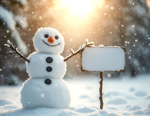 Cheerful snowman holding a blank sign in a snowy winter sunset. Magical Christmas background with copy space for holiday messages.