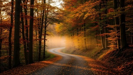 Winding forest road covered in fallen autumn leaves illuminated by soft morning sunlight and mist in the background