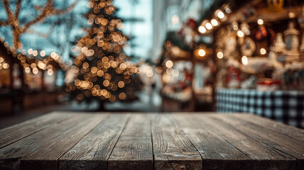 An empty wooden table is positioned in front of a beautifully adorned Christmas tree. The surrounding area features warm lights creating a festive atmosphere, perfect for holiday celebrations