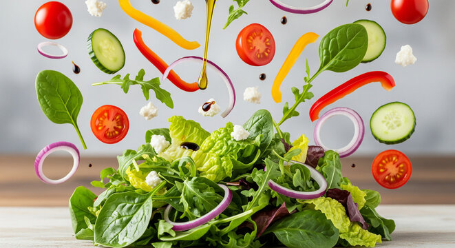 Vibrant salad ingredients falling into a rustic wooden bowl ready to be enjoyed today