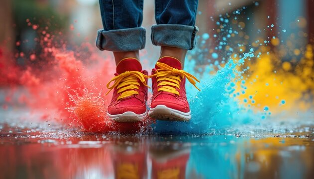 Person in red sneakers with yellow laces wearing jeans walks through colorful puddles on urban street. Vibrant water splashes around feet. Person wears red shoes, blue jeans. Colorful puddle on wet