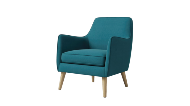A modern teal upholstered armchair with tapered wooden legs, featuring a clean design and comfortable seat on a solid transparent background. background removed