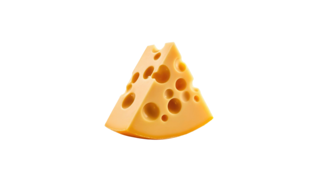 A classic triangular wedge of Swiss-style cheese, rich yellow with characteristic holes, perfect for dairy themes and food visuals. background removed