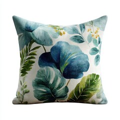 Decorative Pillow with Blue and Green Floral Watercolor Pattern Isolated