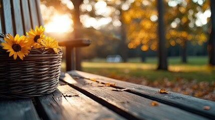A wicker basket filled with sunflowers sits on a wooden park bench, with autumn leaves scattered around. The image is bathed in warm sunlight.