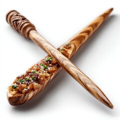 Elegant Wooden Spoons with Gourmet Filling on White Background, Close-up