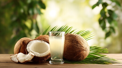 Fresh coconuts sit on a wooden table, with one half opened to reveal the white meat inside. A clear glass of coconut water stands beside them, surrounded by tropical greenery in soft daylight