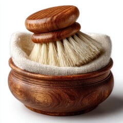Wooden Body Brush with Natural Bristles in Bowl on White Background