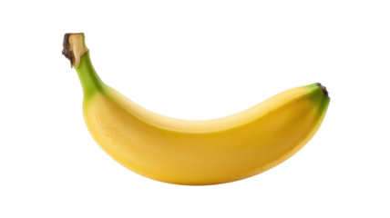 A perfectly ripe, vibrant yellow banana, gently curved, with a fresh green stem and slight browning at the ends, isolated. background removed
