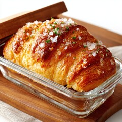 Gourmet Brioche Loaf with Sea Salt and Herbs in Glass Dish