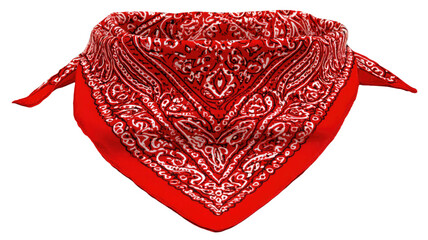 red patterned bandana folded in triangular shape with detailed paisley design isolated on white background