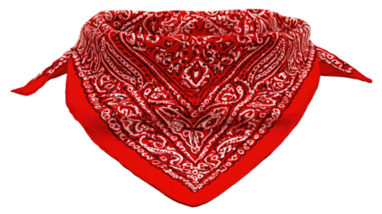 red patterned bandana folded in triangular shape with detailed paisley design isolated on white background