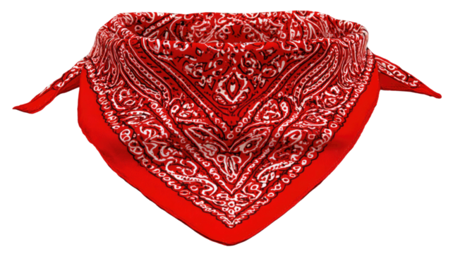 red patterned bandana folded in triangular shape with detailed paisley design isolated on white background