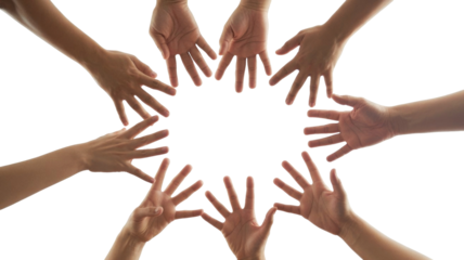 A circle of diverse hands reaching inward, symbolizing unity, community, and support, with an empty center on a solid transparent background. background removed