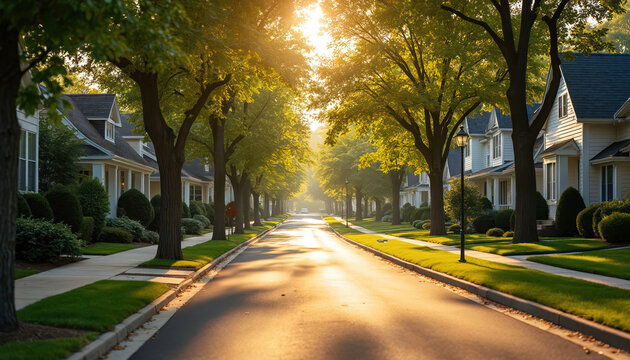 Quiet suburban street with houses, green trees. Peaceful residential neighborhood in warm morning sun. Calm community road with neat lawns idyllic place. Family friendly area with sidewalks for