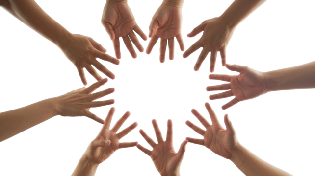 A circle of diverse hands reaching inward, symbolizing unity, community, and support, with an empty center on a solid transparent background. background removed