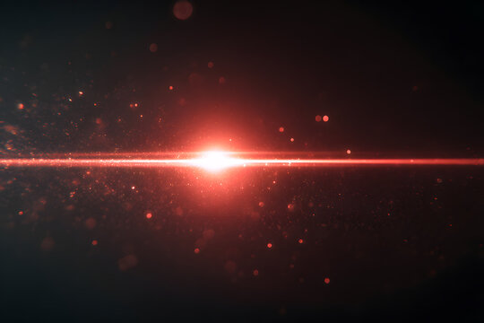 red lens flare with glowing particles against dark background, red light line on black background. red light dust overlay for design, Red laser beam 