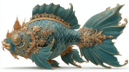 Ornate decorative fish sculpture with intricate gold detailing and blue green scales, showcasing artistic craftsmanship and elegant design in fantasy style