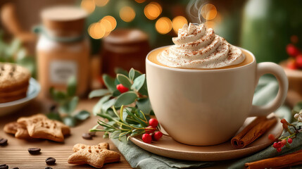 Creamy holiday coffee blend in beige cup with whipped cream, cinnamon and cookies on wooden table, cozy Christmas drink with glowing bokeh lights and festive text