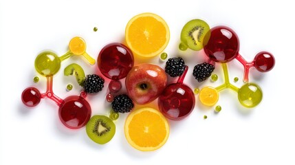 Fruits and colorful molecular structures symbolize healthy nutrition and age reversing nutrients with glowing molecules, kiwi, orange, apple, and blackberry on white background