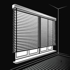 Architectural design illustration of a window in a window within a house wall with interior blinds and a metal frame