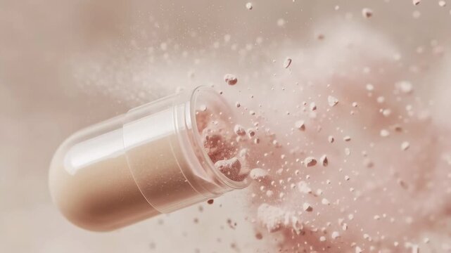 An opening capsule releasing powder particles into a pastel misty background visualizing disintegration and release of contents.