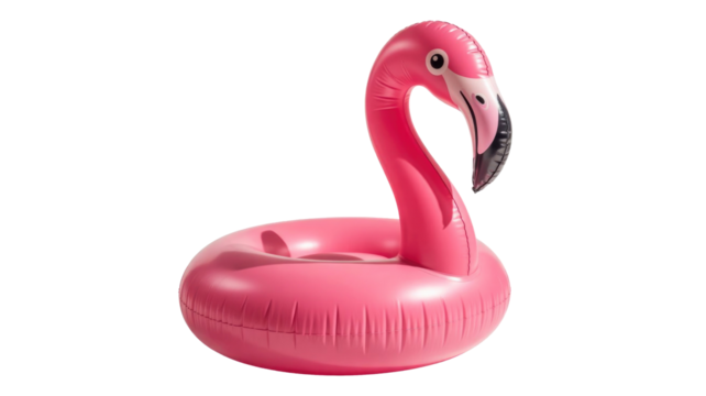 A vibrant pink inflatable flamingo pool float, ready for summer fun. Perfect for swimming pools and beach vacations. background removed - Powered by Adobe