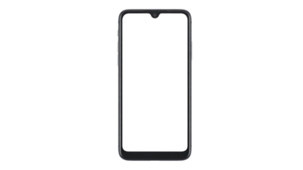 Modern smartphone frame with a transparent screen and teardrop notch, perfect for overlaying custom digital content. background removed