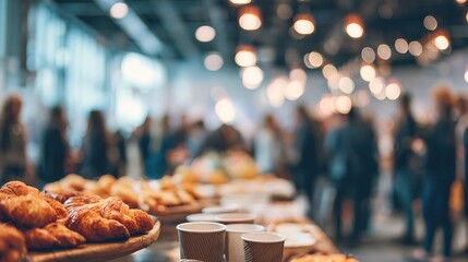 Close-up of pastry and coffee cups on a buffet table with a blurred background where a networking event or conference is taking place in a modern space with warm lighting