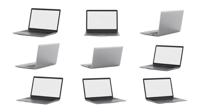 Nine identical laptops with blank white screens displayed from various angles, showcasing front and back views, isolated on a solid transparent background. background removed