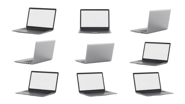Nine identical laptops with blank white screens displayed from various angles, showcasing front and back views, isolated on a solid transparent background. background removed