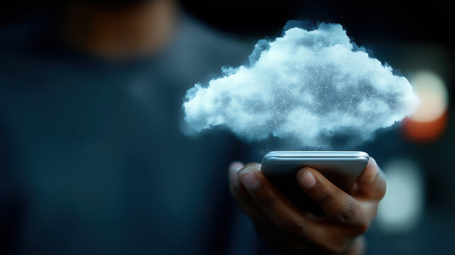 Person holding smartphone with glowing interconnected cloud computing network visualization above device.