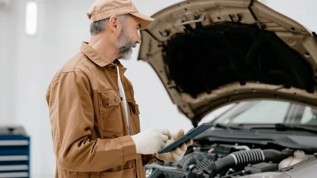 Mechanic in a workshop inspects a car with the hood open and uses a tablet for vehicle system diagnostics.