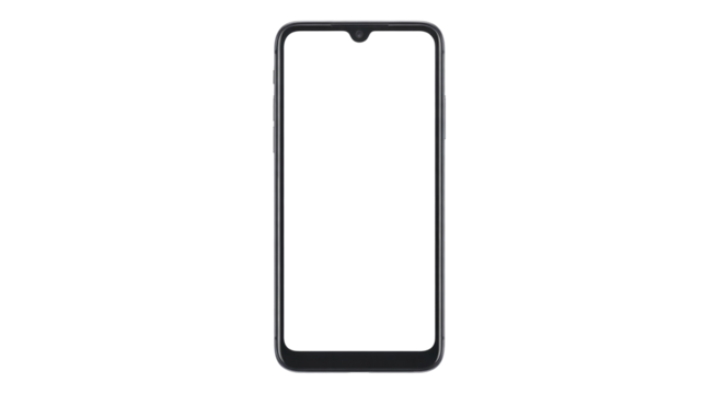 Modern smartphone frame with a transparent screen and teardrop notch, perfect for overlaying custom digital content. background removed