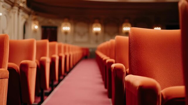 Close up of the aisle and rows of red theater seats focusing on armrests and the central walkway with a blurred background.