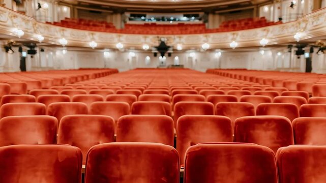 Empty theater with rows of red velvet seats facing the parterre and stage with ornate interior and chandeliers.