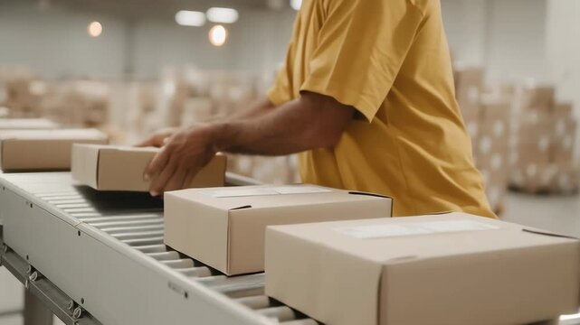 Worker packs cardboard boxes on a conveyor belt in a distribution center during shipping preparation.