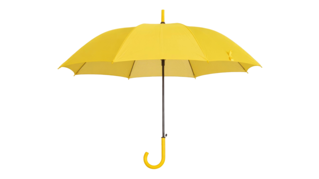 Bright yellow open umbrella with a classic curved handle, ready to provide shelter. Isolated on a transparent background for versatile use. background removed