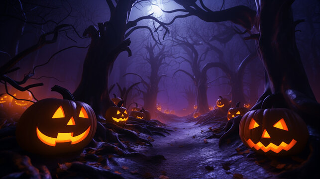 Spooky Halloween night in a mysterious forest with glowing jack-o'-lanterns lining a path under a full moon. Eerie bare trees and purple fog create a haunted atmosphere for trick-or-treating.