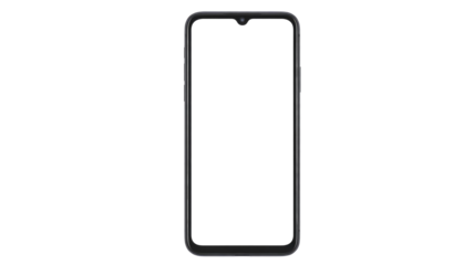 Modern smartphone mockup with a waterdrop notch display, featuring a sleek design and empty screen, perfect for showcasing app interfaces. background removed