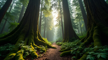 Sunlight streams through towering trees in tranquil forest highlighting mossy roots and dappled light creating serene pathway through peaceful natural environment