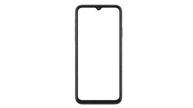 Modern smartphone mockup with a waterdrop notch display, featuring a sleek design and empty screen, perfect for showcasing app interfaces. background removed