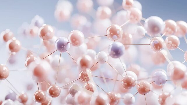Molecular abstraction with pink spherical particles and bonds on a pastel background macro visualization of a scientific structure