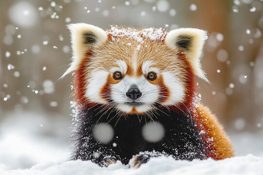 Red panda in snowy forest during winter looking directly at camera with adorable expression, generative ai wildlife