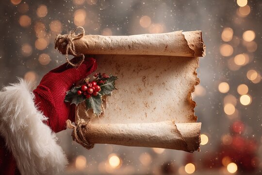 Santa Claus's hand in red mitten and fur holds an ancient empty parchment scroll tied with rope and decorated with a sprig of holly against a festive bokeh background