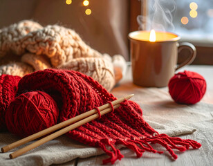 Cozy Winter Hygge Scene with Red Knitted Scarf, Yarn Balls, Knitting Needles, and Steaming Mug by Window Light