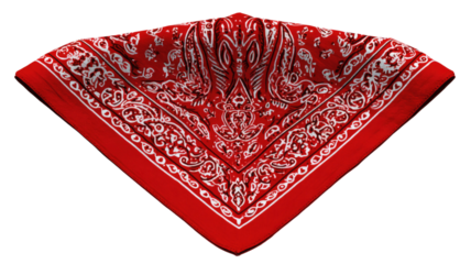 red patterned bandana folded in triangular shape with detailed paisley design isolated on white background
