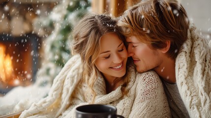 Cozy young couple wrapped in chunky knit blankets leaning close with snow falling softly near a warm fireplace, winter romance concept