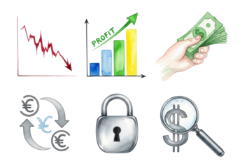Financial growth and security: profit increase, currency exchange, investment concepts